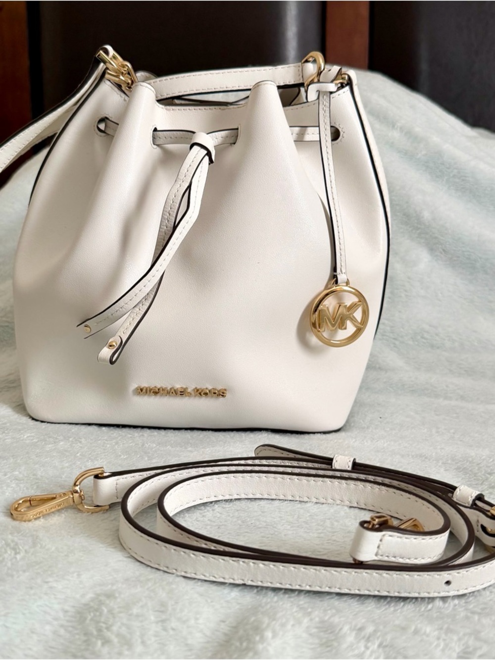 Michael Kors White Leather Drawstring Mini Bucket Bag with Gold-Tone MK Charm